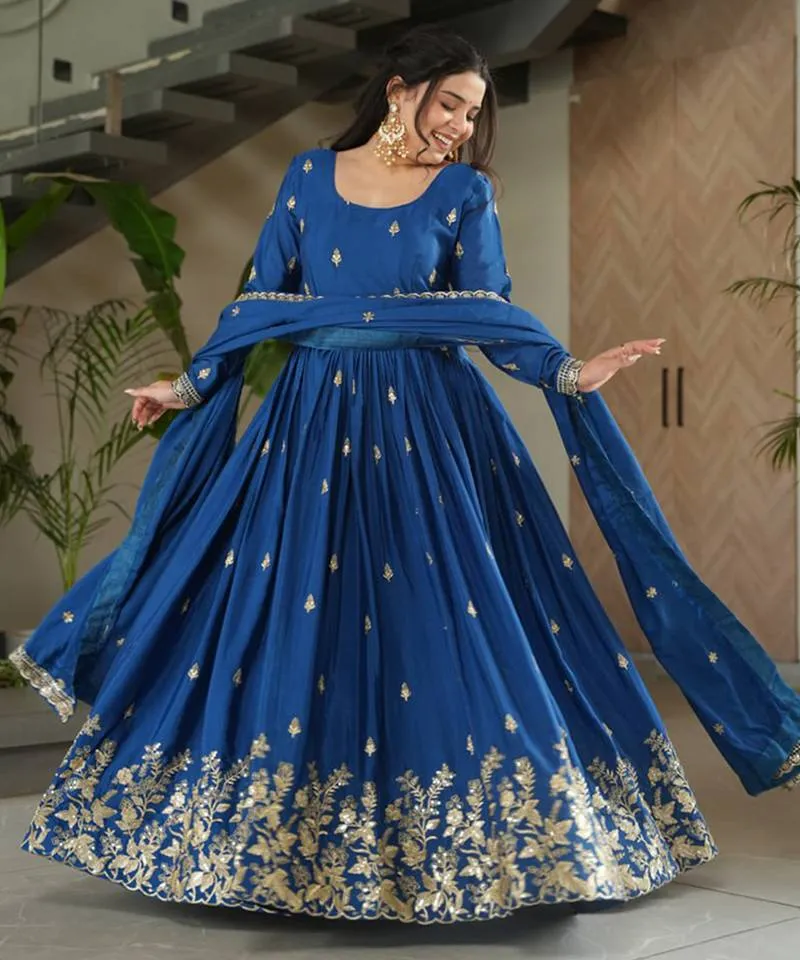 Royal Blue Chinon Silk Anarkali Set Stitched